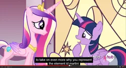 Size: 1600x870 | Tagged: safe, derpibooru import, edit, edited screencap, screencap, princess cadance, twilight sparkle, twilight sparkle (alicorn), alicorn, pony, twilight's kingdom, alcohol, caption, female, hub logo, mare, martini, meme, youtube caption