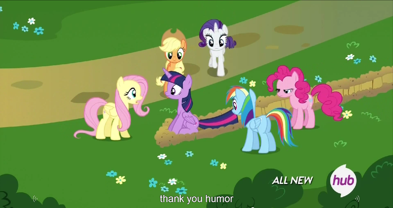 Size: 1535x813 | Tagged: safe, derpibooru import, edit, edited screencap, screencap, applejack, fluttershy, pinkie pie, rainbow dash, rarity, twilight sparkle, twilight sparkle (alicorn), alicorn, pony, twilight's kingdom, caption, female, hub logo, mane six, mare, meme, youtube caption