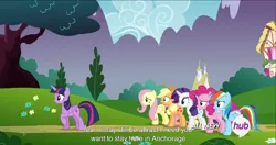 Size: 1536x813 | Tagged: safe, derpibooru import, edit, edited screencap, screencap, applejack, fluttershy, pinkie pie, rainbow dash, rarity, twilight sparkle, twilight sparkle (alicorn), alicorn, pony, twilight's kingdom, alaska, attract, caption, female, hub logo, mane six, mare, meme, youtube caption