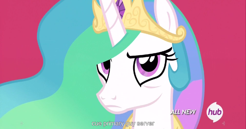 Size: 1536x811 | Tagged: caption, derpibooru import, edit, edited screencap, hub logo, meme, princess celestia, safe, screencap, solo, twilight's kingdom, youtube caption