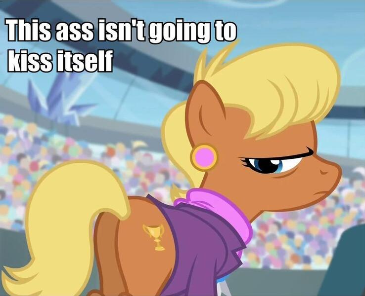 Size: 877x713 | Tagged: suggestive, derpibooru import, edit, edited screencap, screencap, ms. harshwhinny, pony, equestria games (episode), butt, caption, female, kiss my ass, mare, plot, plot worship, solo, text