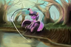 Size: 1500x1000 | Tagged: safe, artist:khyperia, derpibooru import, twilight sparkle, twilight sparkle (alicorn), alicorn, pony, female, fishing, fishing rod, magic, mare, solo