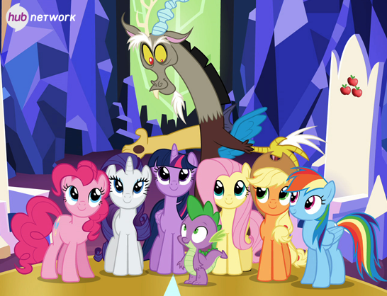 Size: 546x418 | Tagged: safe, derpibooru import, official, screencap, applejack, discord, fluttershy, pinkie pie, rainbow dash, rarity, spike, twilight sparkle, twilight sparkle (alicorn), alicorn, pony, twilight's kingdom, female, hub logo, mane six, mare, the hub