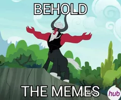 Size: 470x389 | Tagged: caption, cliff, derpibooru import, exploitable meme, hub logo, image macro, lord tirek, lord tirek's outstretched arms, meme, safe, screencap, solo, text, twilight's kingdom