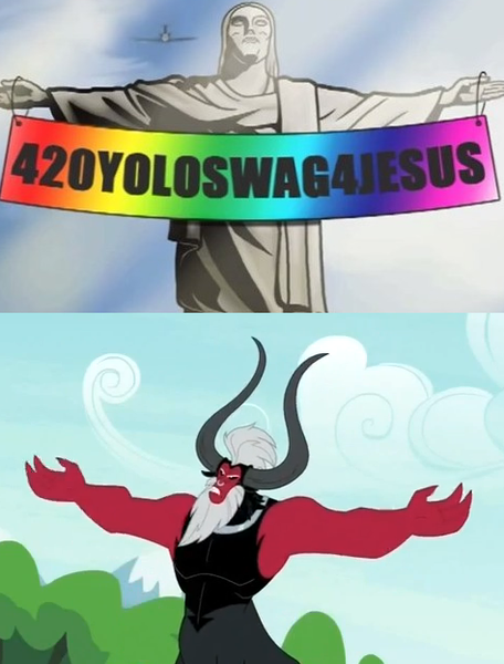 Size: 474x624 | Tagged: 420yoloswag4jesus, brazil, caption, christ the redeemer, derpibooru import, exploitable meme, hellsing ultimate abridged, image macro, lord tirek, lord tirek's outstretched arms, meme, rio de janeiro, safe, text, twilight's kingdom