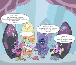 Size: 3000x2551 | Tagged: safe, artist:thetitan99, derpibooru import, princess cadance, princess celestia, princess luna, twilight sparkle, twilight sparkle (alicorn), alicorn, pony, equestria games (episode), alicorn tetrarchy, card, cigar, equestria games, female, gambling, mare, poker chips, sitting, smoking, throne