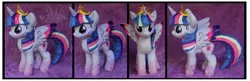 Size: 3000x968 | Tagged: safe, artist:nazegoreng, derpibooru import, twilight sparkle, twilight sparkle (alicorn), alicorn, pony, twilight's kingdom, big crown thingy, element of magic, female, irl, jewelry, mare, photo, plushie, rainbow power, regalia, solo