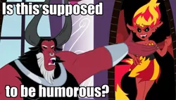 Size: 947x539 | Tagged: safe, derpibooru import, edit, lord tirek, sunset shimmer, equestria girls, twilight's kingdom, caption, exploitable meme, image macro, is this supposed to be humorous, meme, solo, sunset satan, text