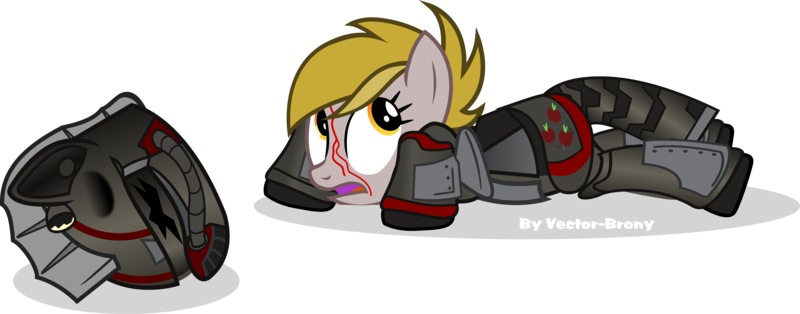 Size: 4992x1962 | Tagged: semi-grimdark, artist:vector-brony, derpibooru import, oc, oc:strawberry lemonade, unofficial characters only, earth pony, pony, fallout equestria, applejack's rangers, armor, bleeding, blood, helmet, injured, looking up, power armor, powered exoskeleton, simple background, solo, steel ranger, transparent background, vector