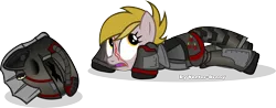 Size: 4992x1962 | Tagged: semi-grimdark, artist:vector-brony, derpibooru import, oc, oc:strawberry lemonade, unofficial characters only, earth pony, pony, fallout equestria, applejack's rangers, armor, bleeding, blood, helmet, injured, looking up, power armor, powered exoskeleton, simple background, solo, steel ranger, transparent background, vector