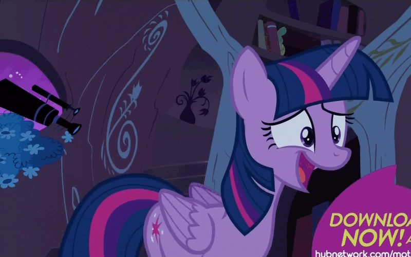 Size: 800x500 | Tagged: safe, derpibooru import, screencap, twilight sparkle, twilight sparkle (alicorn), alicorn, pony, twilight's kingdom, animated, bad poker face, book, derp, female, grin, gritted teeth, horn, magic, mare, nervous, smiling, solo, sparking horn, sparks, telekinesis