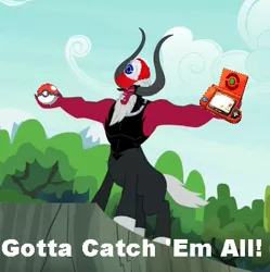 Size: 399x400 | Tagged: derpibooru import, exploitable meme, hat, lord tirek, lord tirek's outstretched arms, meme, pokéball, pokedex, pokémon, safe, solo, twilight's kingdom