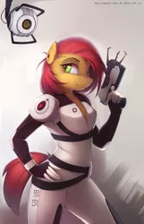 Size: 1587x2466 | Tagged: android, anthro, artist:antiander, babs bot, babs seed, crossover, derpibooru import, gun, hand on hip, no trigger discipline, personality core, portal (valve), robot, safe, solo, space core, weapon
