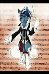 Size: 726x1099 | Tagged: safe, artist:anightlypony, derpibooru import, oc, oc:nightly, unofficial characters only, pony, semi-anthro, unicorn, baton, clothes, conductor's baton, hoof hold, maestro, music notes, sheet music, solo