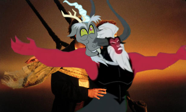 Size: 615x371 | Tagged: derpibooru import, discord, disrek, exploitable meme, gay, lord tirek, lord tirek's outstretched arms, male, meme, safe, shipping, tirekcord, titanic, twilight's kingdom