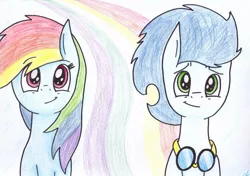 Size: 1024x720 | Tagged: safe, artist:lrusu, derpibooru import, rainbow dash, soarin', female, male, shipping, soarindash, straight, traditional art