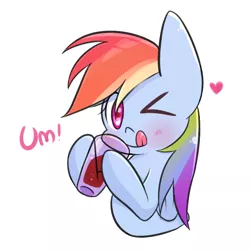 Size: 894x894 | Tagged: safe, artist:joycall6, derpibooru import, rainbow dash, blushing, cute, dashabetes, drinking, heart, one eye closed, simple background, soda, solo, tongue out, um, um!, wink