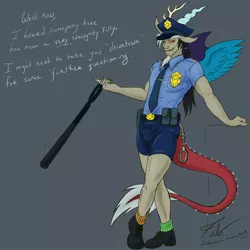 Size: 3300x3300 | Tagged: artist:zabchan, badge, clothes, cuffs, derpibooru import, discop, discord, eared humanization, fetish, hat, horn, horned humanization, hot pants, human, humanized, male, naughty, police, pony coloring, sexy, shorts, smiling, smirk, socks, solo, solo male, stick, stripper, suggestive, tailed humanization, tight clothing, twilight's kingdom, uniform, winged humanization, wings