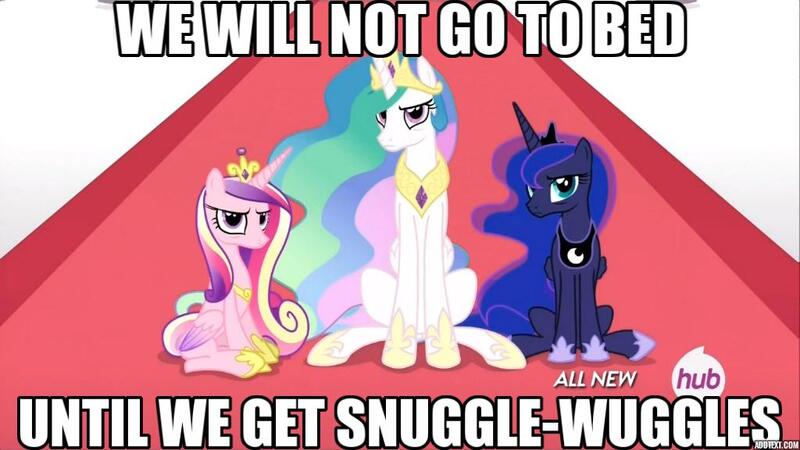 Size: 1024x576 | Tagged: safe, derpibooru import, screencap, princess cadance, princess celestia, princess luna, alicorn, pony, twilight's kingdom, bags under eyes, bronybait, caption, carpet, cute, cutedance, cutelestia, female, frown, glare, grumpy, hub logo, image macro, imma snuggle you, jewelry, looking at you, lunabetes, mare, meme, pouting, princess snugglestia, regalia, sitting, snuggling, text