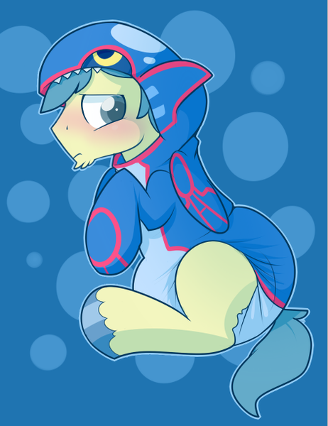 Size: 470x611 | Tagged: artist:cuddlehooves, clothes, costume, derpibooru import, diaper, diaper fetish, fetish, kyogre, oc, oc:cobalt arrow, onesie, pokémon, poofy diaper, questionable, solo, unofficial characters only