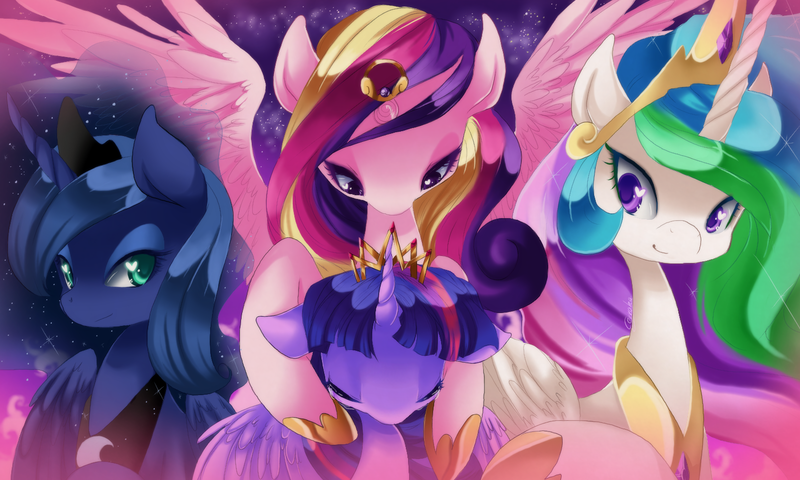 Size: 1500x900 | Tagged: safe, artist:loyaldis, derpibooru import, princess cadance, princess celestia, princess luna, twilight sparkle, twilight sparkle (alicorn), alicorn, pony, twilight's kingdom, alicorn tetrarchy, female, mare, smiling