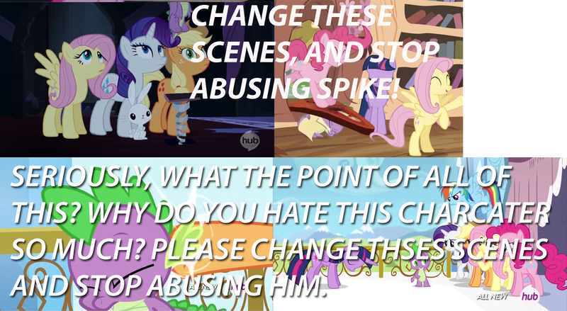 Size: 1397x767 | Tagged: abuse, alicorn, angel bunny, applejack, butthurt, caption, castle mane-ia, derpibooru import, drama, fluttershy, mane six, meta, pinkie pie, rainbow dash, rarity, safe, screencap, spike, spikeabuse, spike drama, spike justice warriors, text, three's a crowd, twilight's kingdom, twilight sparkle, twilight sparkle (alicorn)