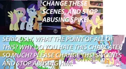 Size: 1397x767 | Tagged: abuse, alicorn, angel bunny, applejack, butthurt, caption, castle mane-ia, derpibooru import, drama, fluttershy, mane six, meta, pinkie pie, rainbow dash, rarity, safe, screencap, spike, spikeabuse, spike drama, spike justice warriors, text, three's a crowd, twilight's kingdom, twilight sparkle, twilight sparkle (alicorn)