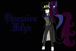 Size: 1024x689 | Tagged: safe, artist:thelordofdust, derpibooru import, oc, oc:maneia, oc:nocturna, anthro, unicorn, belt, clothes, coat, crossover, hat, human facial structure, jojo's bizarre adventure, jotaro kujo, lipstick, mascara, obsession is magic, over shoulder, pants, smiling, stand