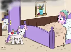 Size: 3450x2550 | Tagged: artist:halflingpony, breakfast in bed, cookie crumbles, derpibooru import, fire, morning ponies, mother's day, rarity, safe, smoke, sweetie belle