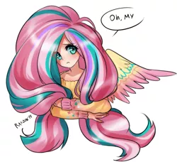 Size: 927x847 | Tagged: :<, artist:racoonsan, big hair, blushing, clothes, derpibooru import, female, fluttershy, frown, human, humanized, long hair, long mane, looking at you, oh my, rainbow power, safe, solo, spread wings, sweater, sweatershy, twilight's kingdom, winged humanization, wings