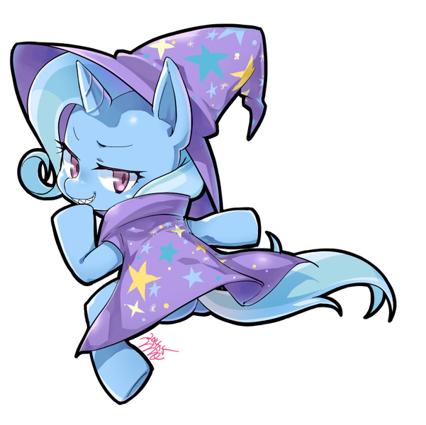 Size: 738x737 | Tagged: safe, artist:mococo, derpibooru import, trixie, pony, unicorn, cape, clothes, female, grin, hat, mare, simple background, smiling, solo, trixie's cape, trixie's hat