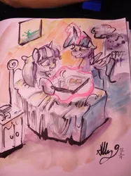 Size: 500x667 | Tagged: artist needed, safe, derpibooru import, twilight sparkle, twilight sparkle (alicorn), twilight velvet, alicorn, pony, 30 minute art challenge, breakfast in bed, female, mare, mother's day, smoke, traditional art, watercolor painting