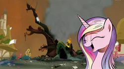 Size: 1450x811 | Tagged: cadance laughs at your misery, derpibooru import, destruction, exploitable meme, fire, golden oaks library, laughing, library, meme, obligatory pony, princess cadance, ruins, safe, solo, twilight's kingdom, we are going to hell