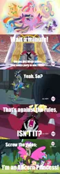 Size: 376x1076 | Tagged: safe, derpibooru import, screencap, applejack, discord, fluttershy, lord tirek, pinkie pie, rainbow dash, rarity, twilight sparkle, twilight sparkle (alicorn), alicorn, pony, season 4, twilight's kingdom, caption, crossover, discop, image macro, mane six, mega evolution, meme, pokémon, pokémon x and y, princess, princess discord, rainbow power, scorpan's necklace, text, yu-gi-oh!, yugioh abridged