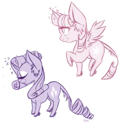 Size: 900x900 | Tagged: safe, artist:grandifloru, derpibooru import, rarity, twilight sparkle, twilight sparkle (alicorn), alicorn, classical unicorn, pony, unicorn, cloven hooves, female, leonine tail, mare, unshorn fetlocks