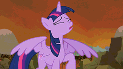 Size: 480x270 | Tagged: safe, derpibooru import, edit, edited screencap, screencap, pinkie pie, twilight sparkle, twilight sparkle (alicorn), alicorn, pony, twilight's kingdom, animated, empty eyes, faint, female, gif, hat, mare, non-looping gif, party hat