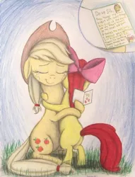 Size: 782x1021 | Tagged: apple bloom, applejack, artist:thefriendlyelephant, card, crying, derpibooru import, eyes closed, family, female, filly, grass, hug, mommajack, mother's day, safe, siblings, sisters, tears of joy, traditional art