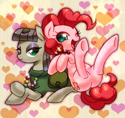 Size: 910x860 | Tagged: artist:araraginatsuki, boulder (pet), cute, derpibooru import, diapinkes, female, happy, heart, maudabetes, maud pie, one eye closed, pinkie pie, pixiv, rock candy necklace, safe, siblings, sisters, smiling, underhoof, when she smiles, wink