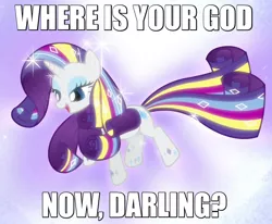 Size: 850x700 | Tagged: bedroom eyes, caption, darling, derpibooru import, edit, edited screencap, floating, image macro, meme, open mouth, rainbow power, rarity, safe, screencap, smiling, solo, text, twilight's kingdom, where is your god now?