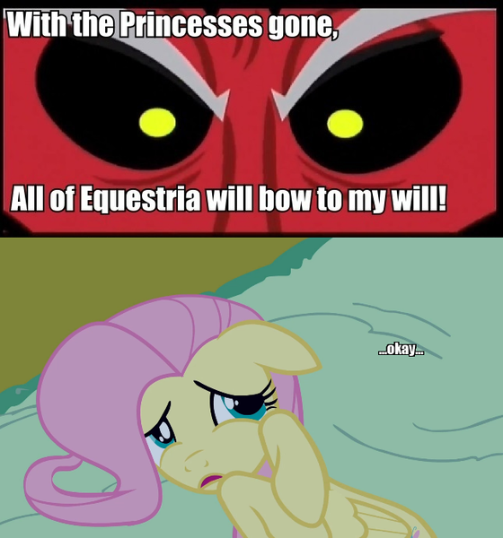 Size: 645x691 | Tagged: caption, derpibooru import, edit, edited screencap, exploitable meme, fluttershy, image macro, lord tirek, luna eclipsed, meme, okay, safe, screencap, text, tirek vs everyone meme, twilight's kingdom