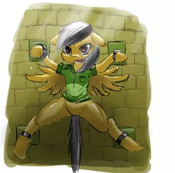 Size: 744x734 | Tagged: artist:cc2381500, bondage, bottomless, clothes, daring do, daring don't, derpibooru import, featureless crotch, partial nudity, restrained, safe, shackles, solo, spread eagle, spreading, spread legs, spread wings, wings