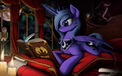 Size: 2500x1563 | Tagged: safe, artist:yakovlev-vad, derpibooru import, princess luna, alicorn, bird, firefly (insect), insect, owl, pony, journal of the two sisters, art, bed, book, candle, female, fire, magic, mare, moon, pillow, prone, quill, s1 luna, smiling, solo, telekinesis, window, writing