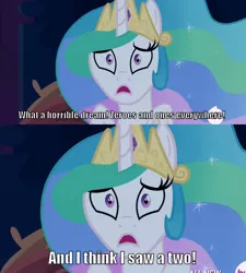 Size: 852x946 | Tagged: binary, caption, celestia's nightmare, derpibooru import, exploitable meme, futurama, hub logo, image macro, meme, nightmare, numbers, princess celestia, safe, screencap, text, twilight's kingdom