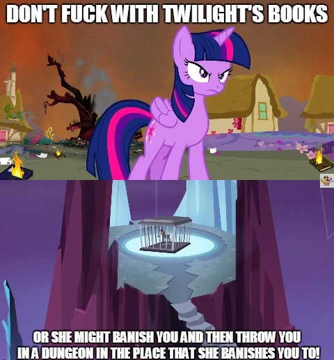 Size: 480x516 | Tagged: safe, derpibooru import, edit, edited screencap, screencap, lord tirek, twilight sparkle, twilight sparkle (alicorn), alicorn, pony, a bird in the hoof, twilight's kingdom, caption, female, hilarious in hindsight, image macro, mare, super saiyan princess, tartarus, text, vulgar