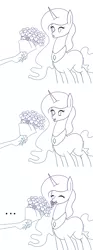 Size: 600x1608 | Tagged: safe, artist:nalenthi, derpibooru import, discord, princess celestia, twilight's kingdom, ..., :t, cute, cutelestia, dislestia, eating, eyes closed, female, flower, horses doing horse things, male, monochrome, nom, open mouth, parody, puffy cheeks, scene parody, shipping, smiling, straight