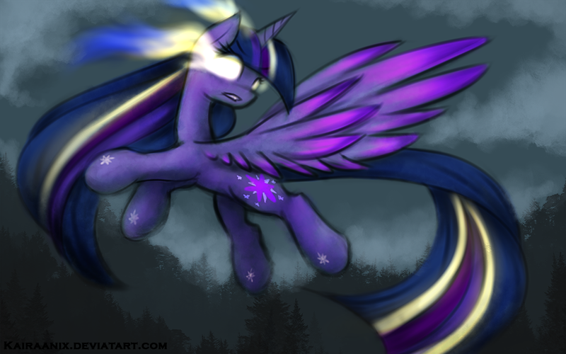 Size: 1000x625 | Tagged: safe, artist:kairaanix, derpibooru import, twilight sparkle, twilight sparkle (alicorn), alicorn, pony, twilight's kingdom, cloud, cloudy, female, flying, glowing eyes, gritted teeth, mare, sky, solo, spread wings, super saiyan princess, wings