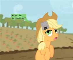 Size: 1024x836 | Tagged: apple (company), applejack, artist:hakar-kerarmor, confused, derpibooru import, floppy disk, floppy ears, open mouth, pun, safe, solo, visual pun, what in tarnation