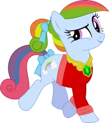 Size: 1031x1169 | Tagged: safe, artist:hawk9mm, artist:kaylathehedgehog, derpibooru import, rainbow dash, rainbow dash (g3), earth pony, pony, bow, clothes, element of generosity, element of honesty, element of hope, element of kindness, element of laughter, element of loyalty, element of magic, elements of harmony, g3, g3 to g4, g4, generation leap, hair bow, jewelry, necklace, rainbow dash always dresses in style, solo, tail bow