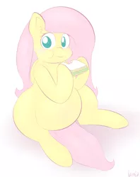 Size: 712x898 | Tagged: artist:lamia, derpibooru import, eating, fluttershy, food, krystal can't enjoy her sandwich, looking at you, meme, pregnant, safe, sandwich, sitting, solo