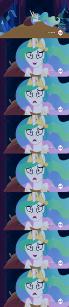 Size: 852x3799 | Tagged: all new, celestia's nightmare, derpibooru import, exploitable meme, hub logo, inverted mouth, meme, nightmare, princess celestia, safe, screencap, text, twilight's kingdom